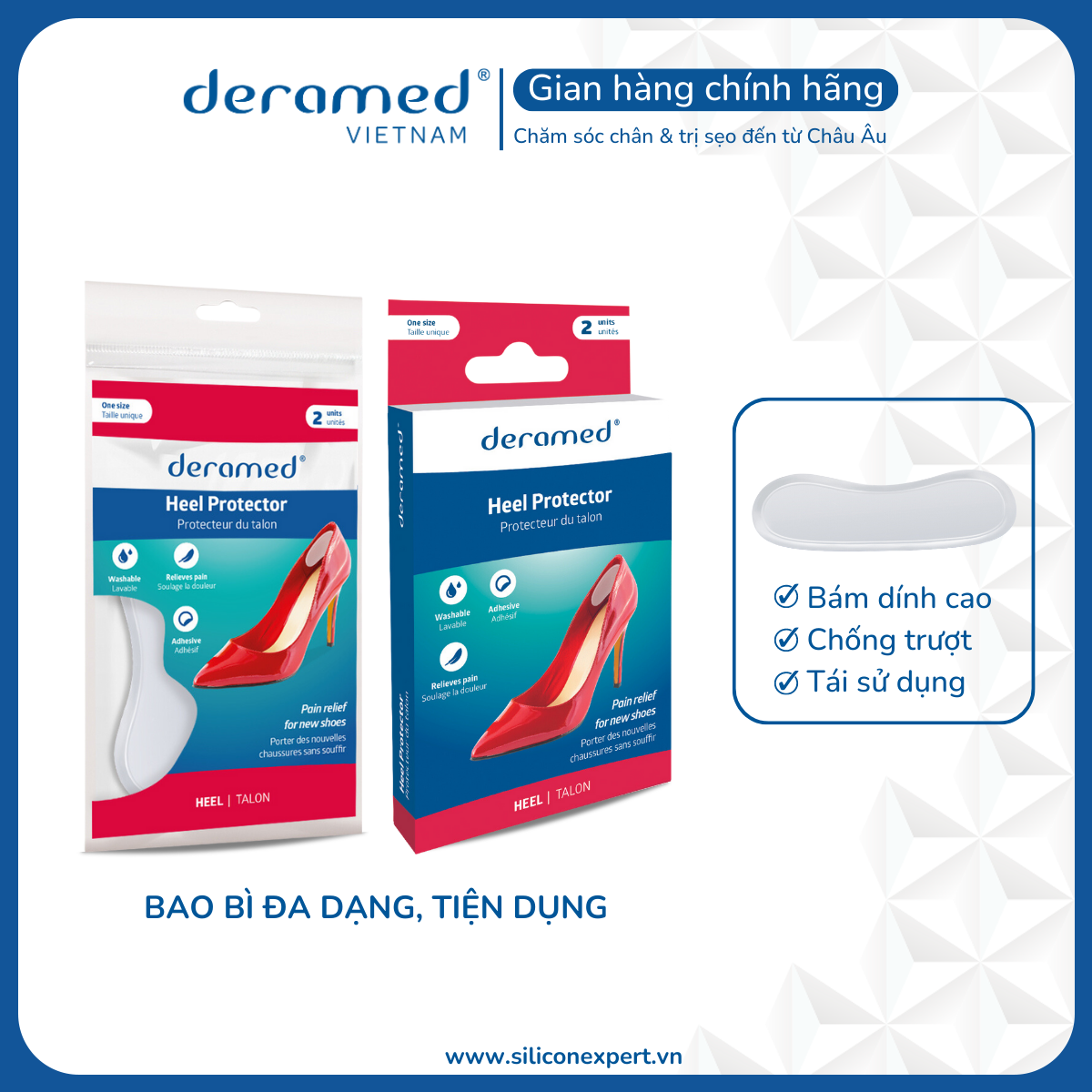 ĐỆM DÁN GÓT GIÀY DERAMED SIÊU ÊM CHÂN, CHỐNG ĐAU MỎI VÀ MA SÁT CHO GÓT CHÂN, LÓT GÓT GIÀY BỊ RỘNG - 1 CẶP CÓ THỂ TÁI SỬ DỤNG - NHẬP KHẨU, SẢN XUẤT TẠI TÂY BAN NHA