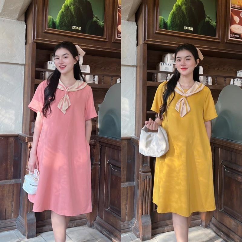 Đầm Bầu Công Sở Vải Trơn Chất Cotton Lạnh Phối Cổ Nơ Dáng Suông Thanh Lịch, Nhẹ Nhàng - Xanh đậu