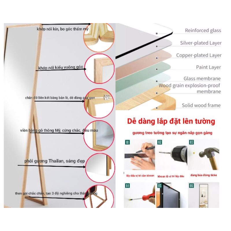 Gương soi toàn thân bo góc bằng gỗ thông cứng cáp, nhiều kích thước 40x120, 50x150, 50x160,