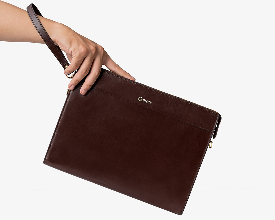 Ví Da Cầm Tay Nam Clutch Đựng Tài Liệu GENCE CL05 Da Bò Cao Cấp Màu Nâu Đỏ