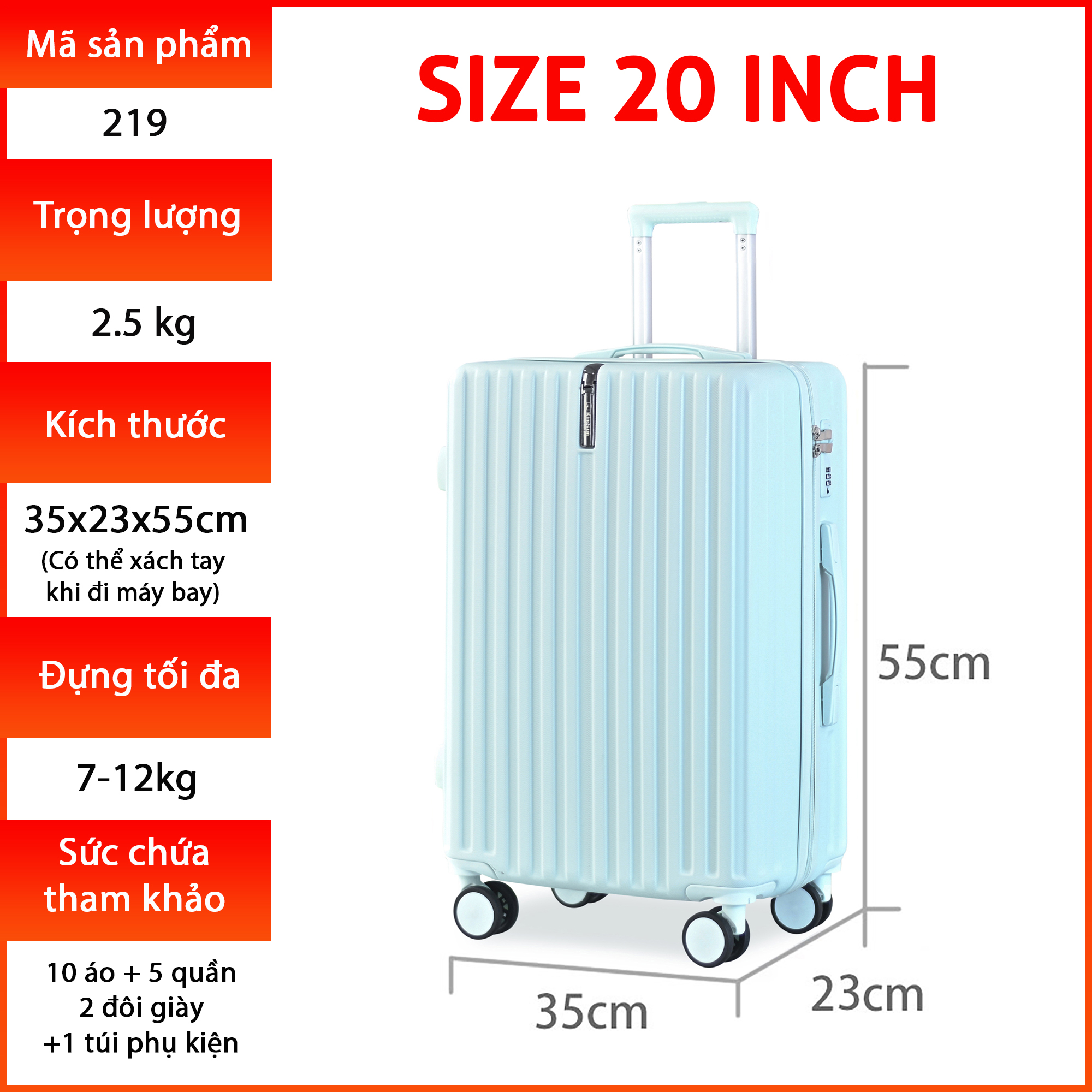 Hình ảnh Vali Kéo Du Lịch Size 20 KS-219, Chính hãng, Bảo Hành 5 Năm