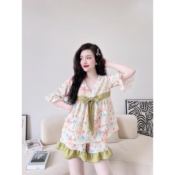 Đồ Bộ Nữ lụa xốp phối nơ ngực, vòng 1 &lt; 90cm, Freesize 40-65kg, tùy chiều cao