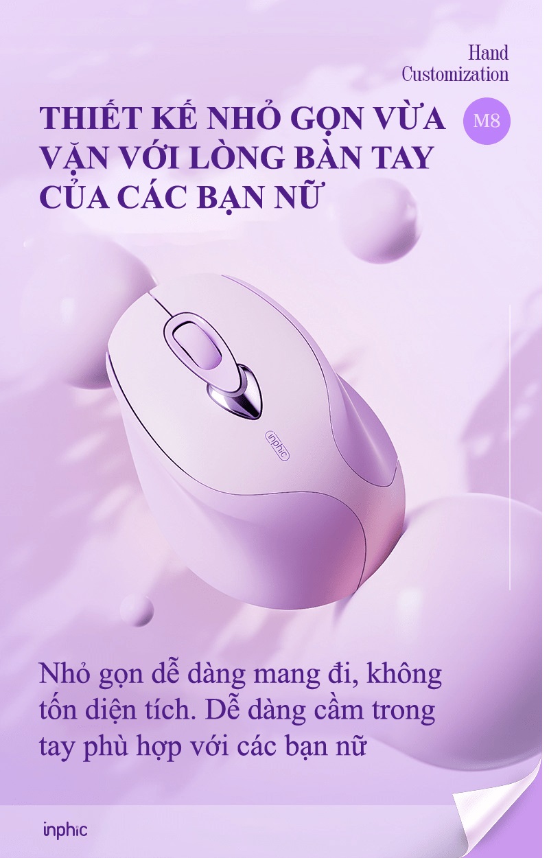 Chuột không dây INPHIC M8BT kết nối bằng Bluetooth thiết kế nhỏ gọn với màu tím Lavender cực đẹp dành cho các bạn nữ - HN - HÀNG CHÍNH HÃNG