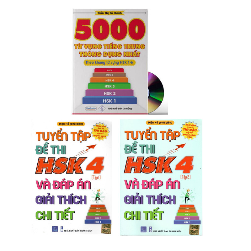 Combo 3 sách Bộ đề tuyển tập đề thi năng lực Hán Ngữ HSK4 và đáp án giải thích chi tiết +5000 từ vựng tiếng Trung thông dụng nhất+ DVD tài liệu