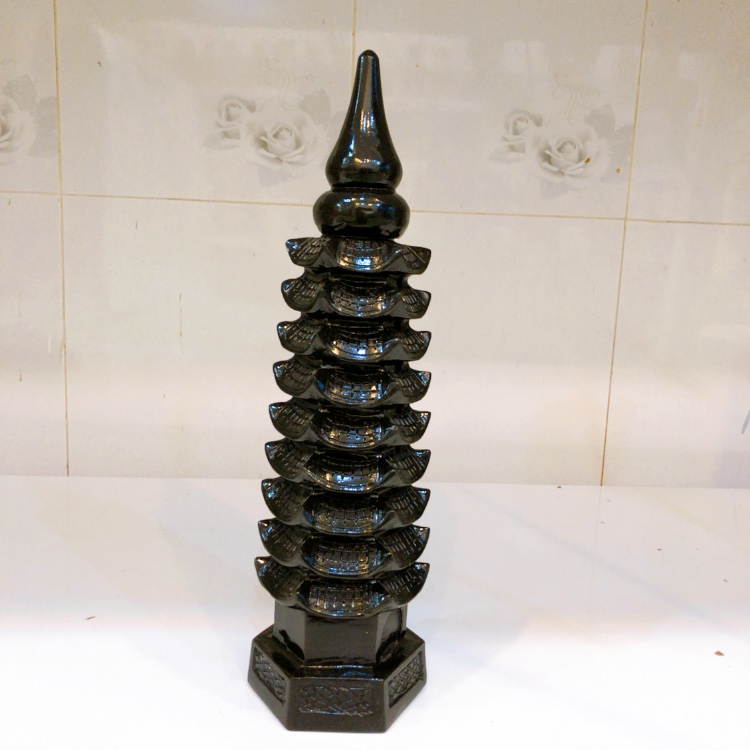 Tháp văn xương đen 9 tầng đá tự nhiên canxite cao 35 cm đường kính 11cm