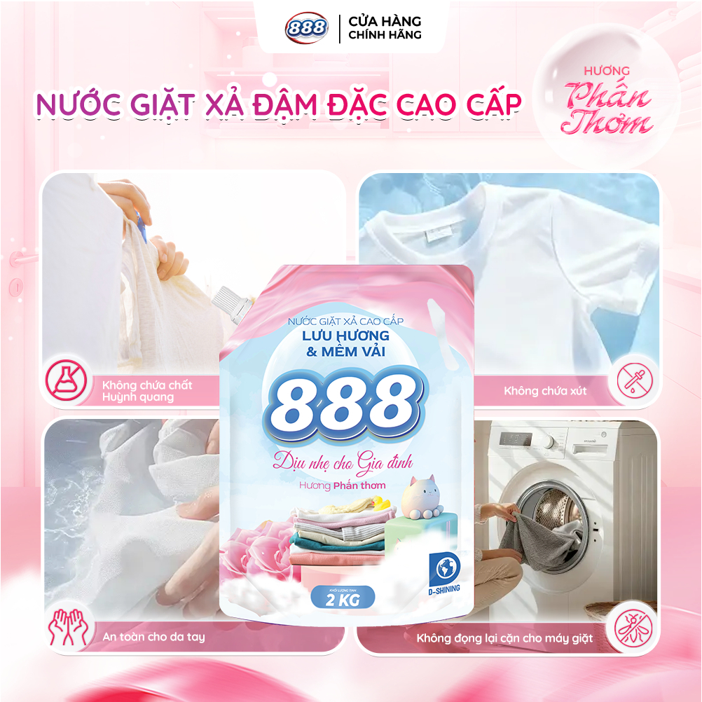 Combo 2 Túi Nước Giặt Xả 888 Hương Phấn Thơm Cao Cấp 2kg/Túi