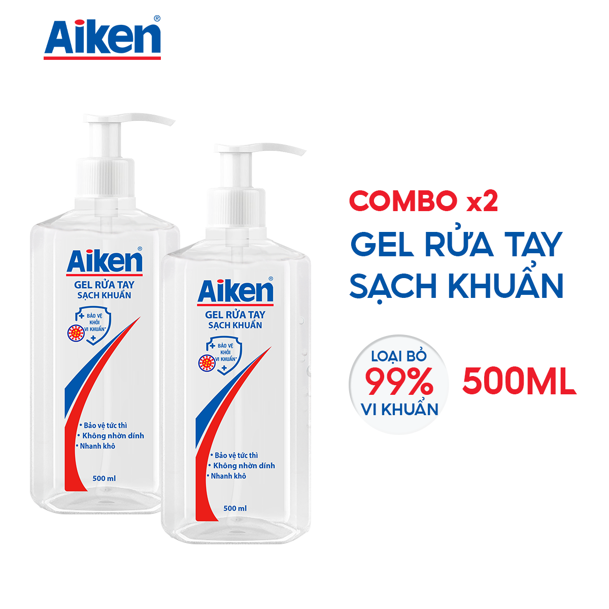 Aiken Combo 2 Gel Rửa Tay Sạch Khuẩn 500ml/chai dạng vòi