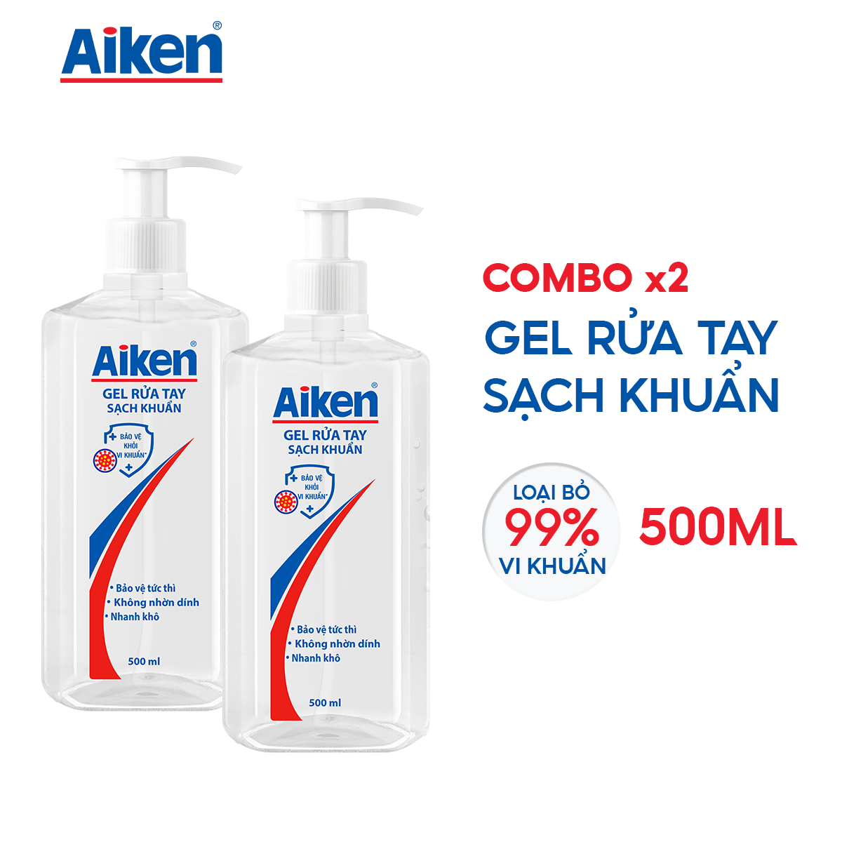 Combo 2 Gel Rửa Tay Khô Sạch Khuẩn Aiken 500ml/chai dạng vòi