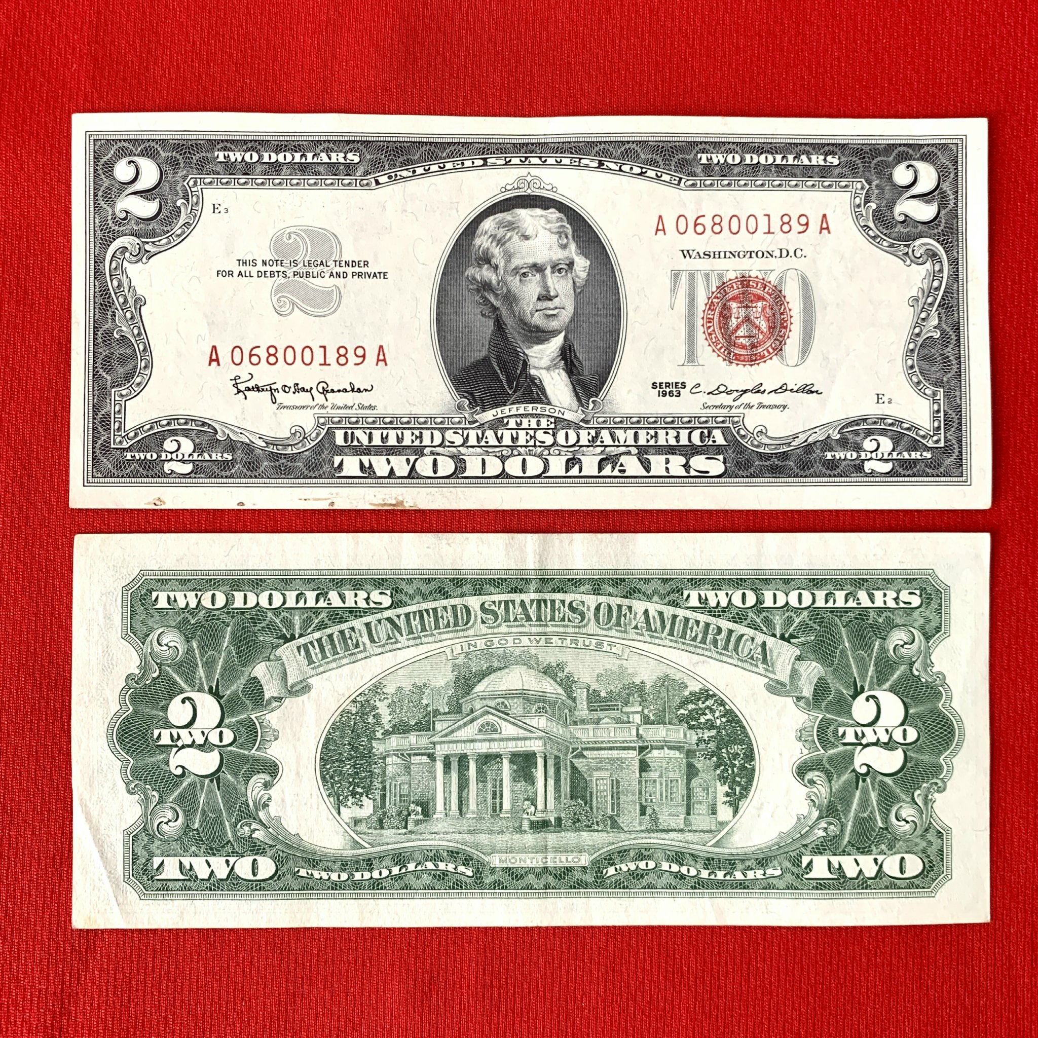 Tờ 2USD mộc đỏ, 2 dollar cổ phát hành 1963