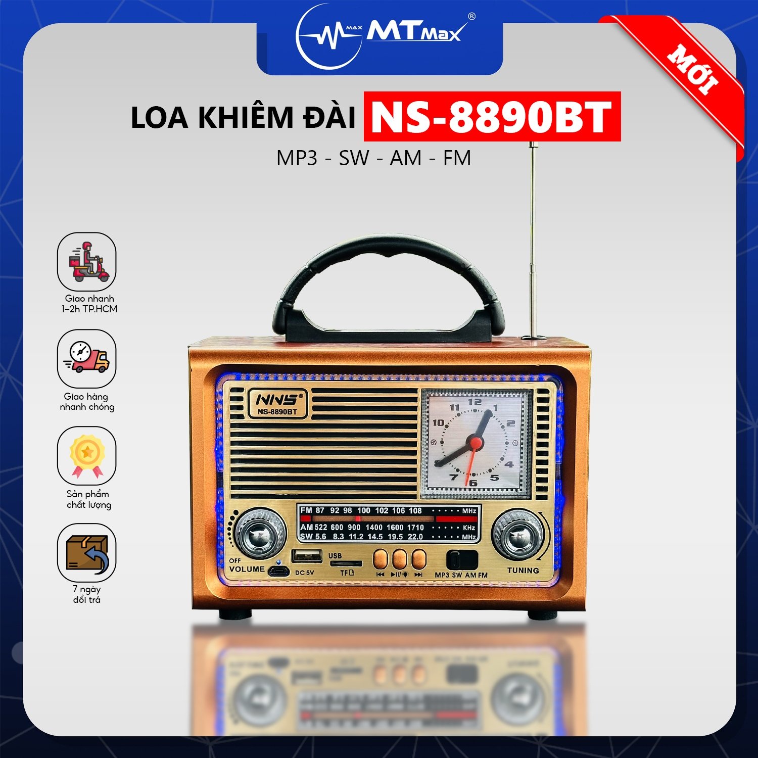 Đài Radio NS 8890BT - Loa Nghe Nhạc Bluetooth Khiêm Đài FM Cổ Điển, Đầy Đủ Chức Năng, Đồng Hồ, Âm Thanh Chất Lượng, Hỗ Trợ Thẻ Nhớ và USB Giá Siêu Rẻ hàng chính hãng