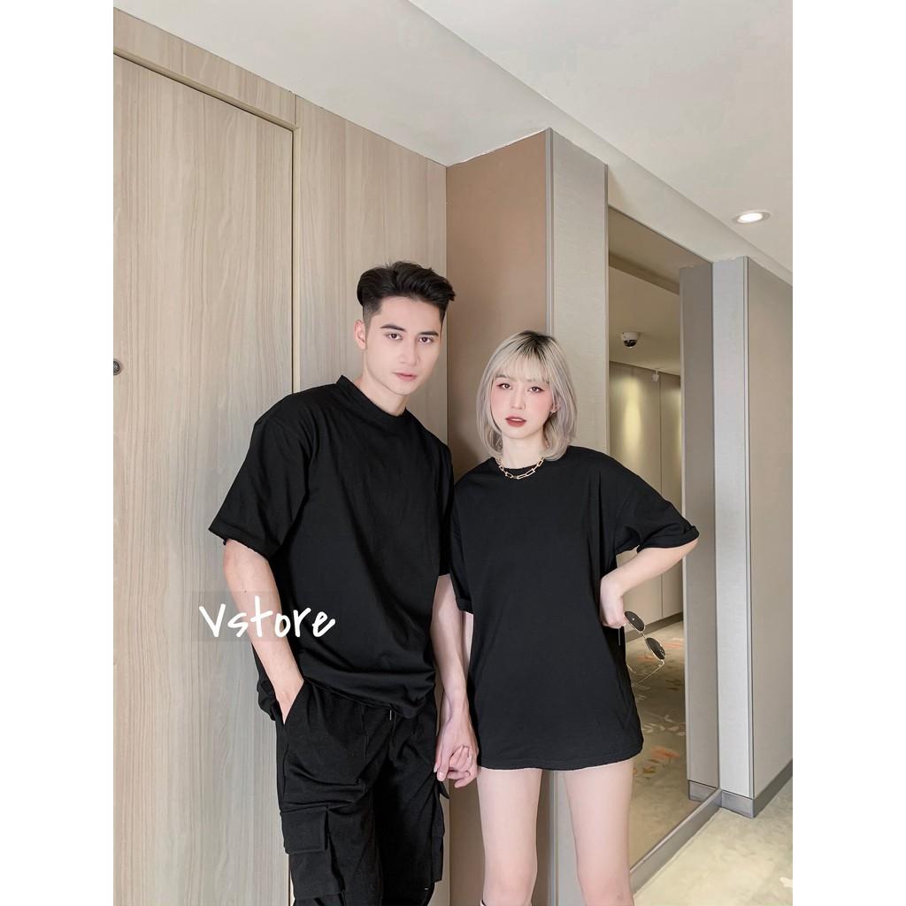 Áo Thun Cặp Trơn Đen Tay Lỡ Nam Nữ