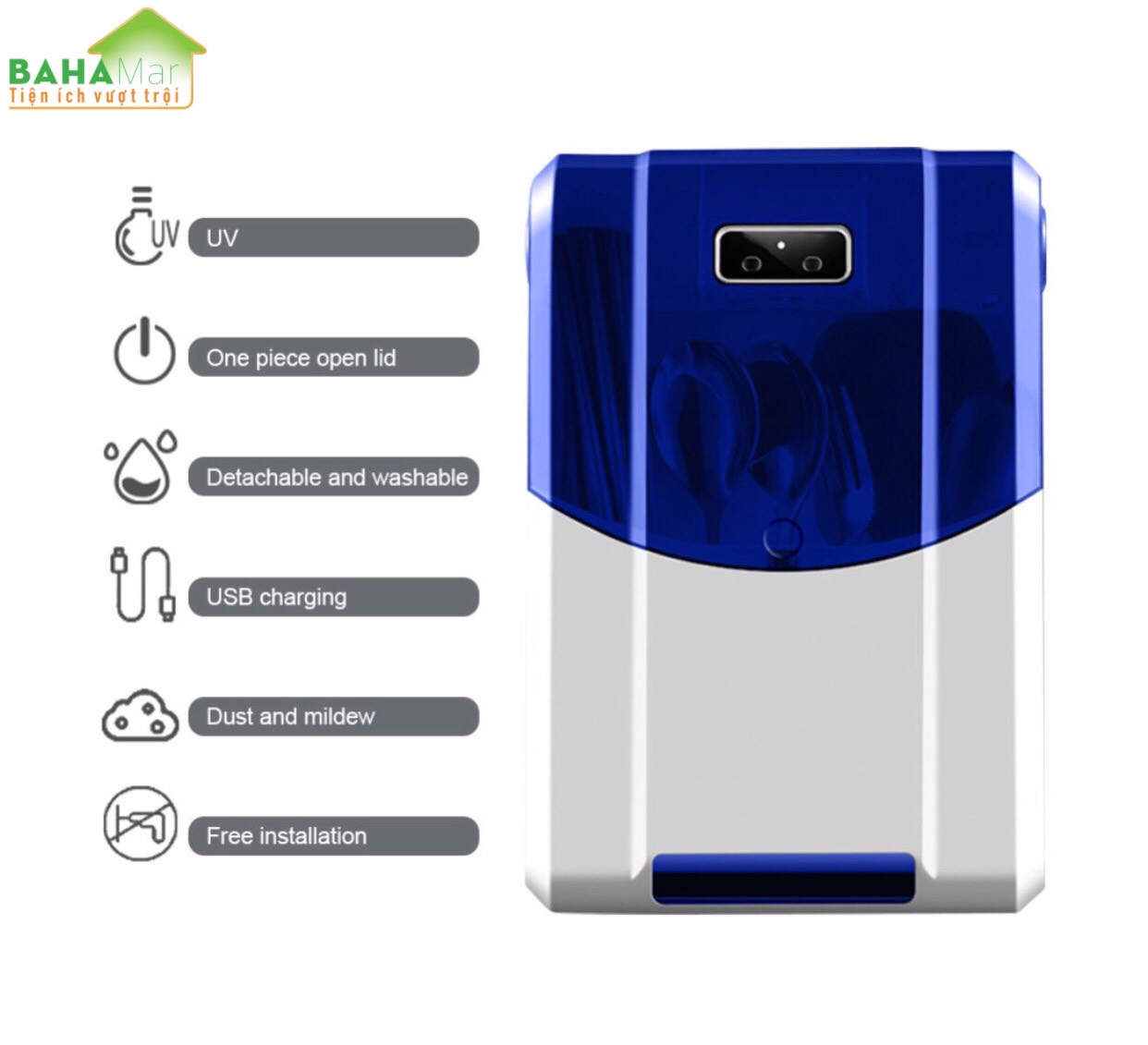 HỘP ĐŨA-THÌA THÔNG MINH KHỬ TRÙNG BẰNG TIA UV TREO CÓ NẮP ĐẬY BAHAMAR khử 99, 99 vi khuẩn bằng tia cực tím giúp đũa thìa đảm bảo vệ sinh ăn uống