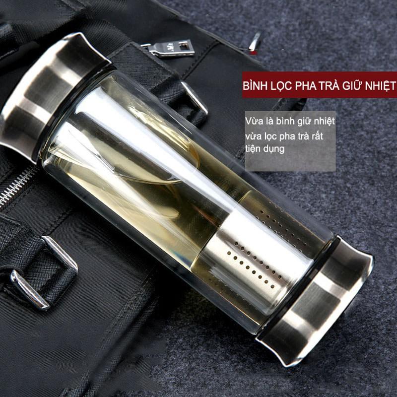 BÌNH GIỮ NHIỆT KÈM BỘ LỌC PHA TRÀ LÀM BẰNG THỦY TINH 2 LỚP 2 ĐẦU INOX CAO CẤP - 420ML