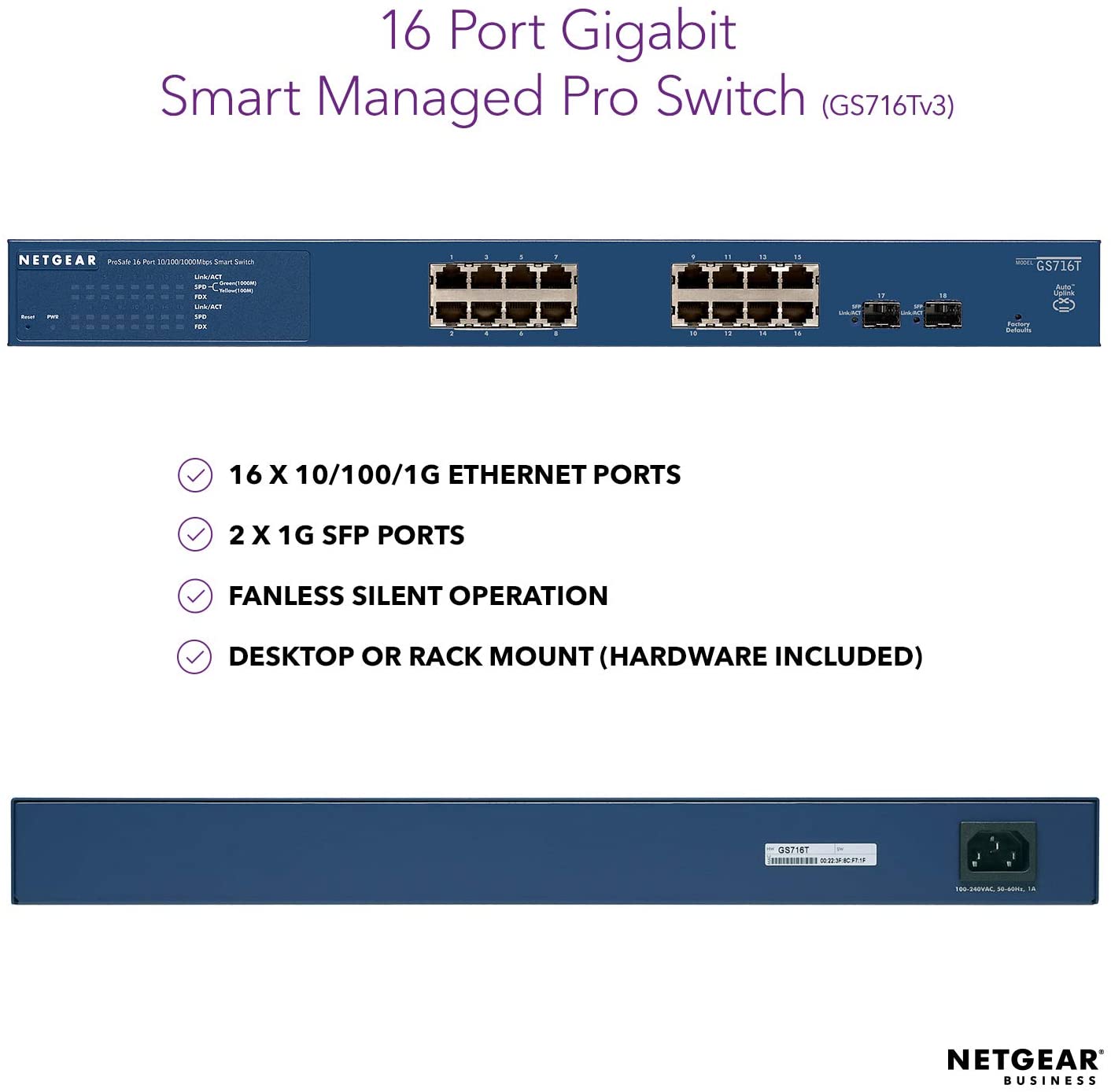 Thiết Bị Chuyển Mạch Gắn Rack 16 Cổng 10/100/1000M và 2 cổng quang SFP 1000M Gigabit Ethernet Smart Managed Pro Switch Netgear GS716T- Hàng Chính Hãng