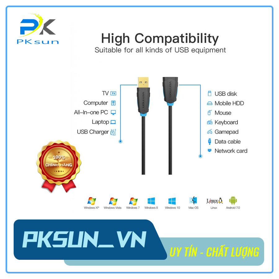 Cáp USB 2.0 nối dài Vention VAS-A44 Hàng chính hãng