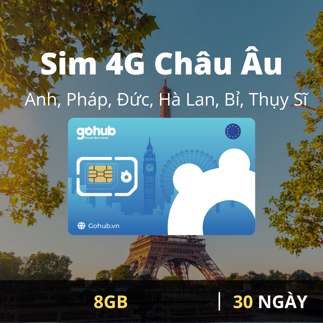 SIM 4G du lịch Châu Âu (Anh - Pháp - Đức - Hà Lan - Bỉ - Thụy Sĩ) - Gói cố định - Nghe gọi Châu Âu 3000 phút