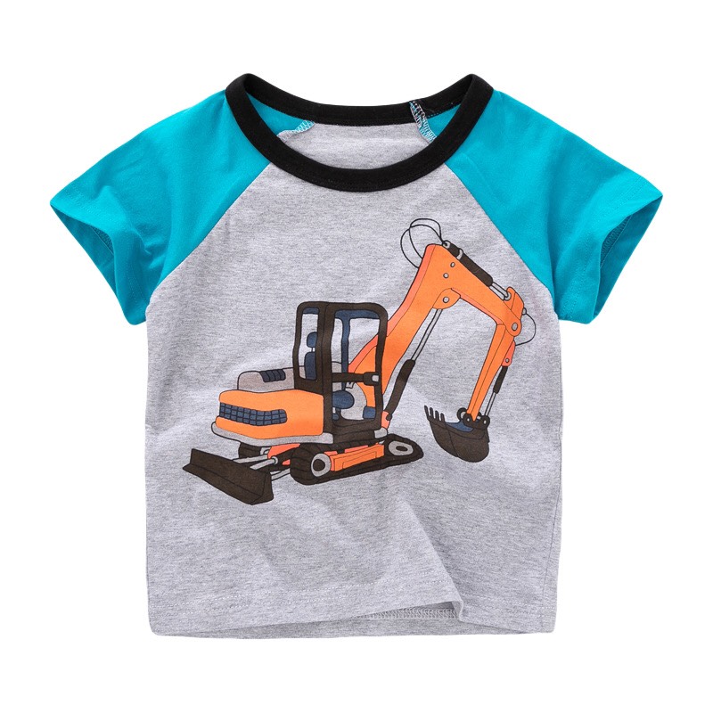 Áo thun bé trai máy xúc ghi xám phối tay xanh cotton mịn cao cấp 2-7T