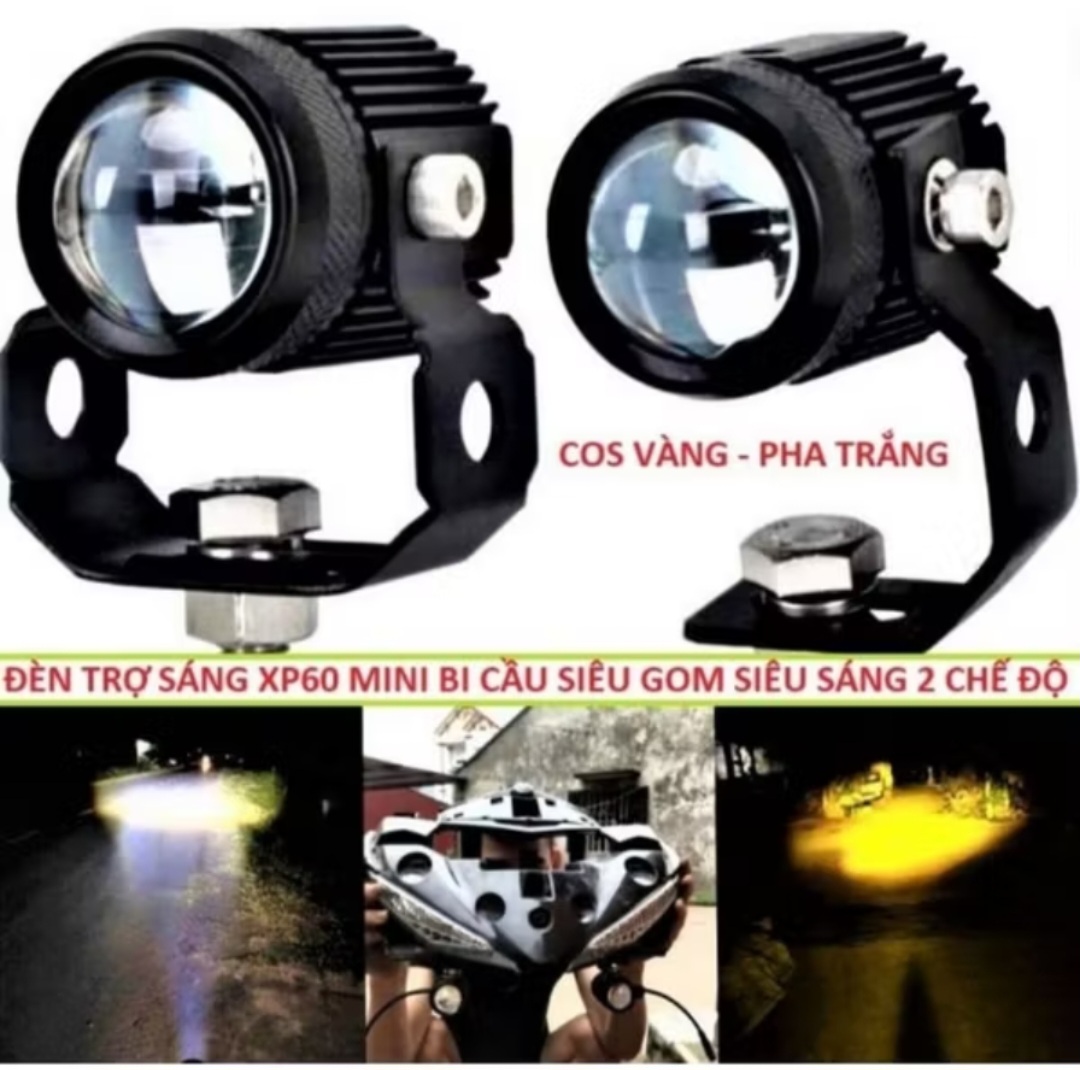 BỘ 2 CÁI ĐÈN TRỢ SÁNG BI CẦU XP60 MINI SÁNG PHA VÀNG CỐT TRẮNG LẮP XE MÁY ÔTÔ XE ĐIỆN