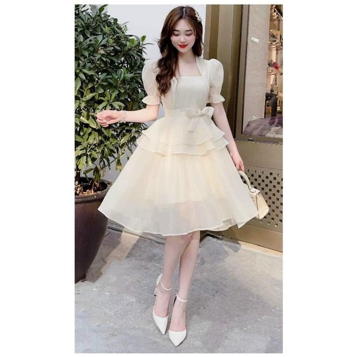 Đầm xòe tiểu thư tay phồng xếp tầng siêu xinh