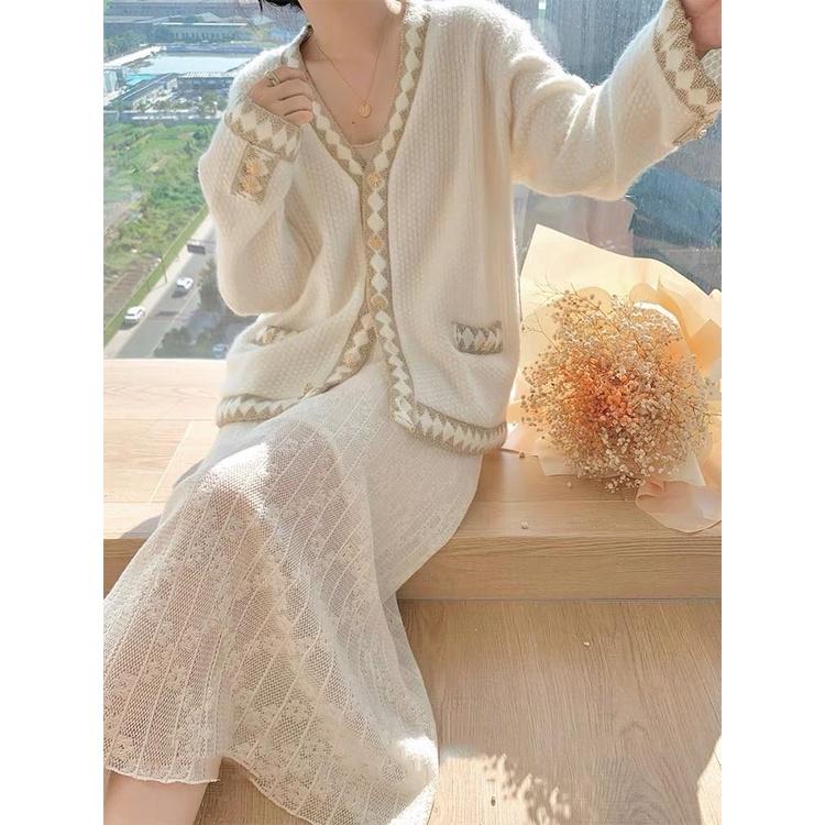 MS824 Áo khoác cardigan len nữ hạt gạo viền màu túi giả