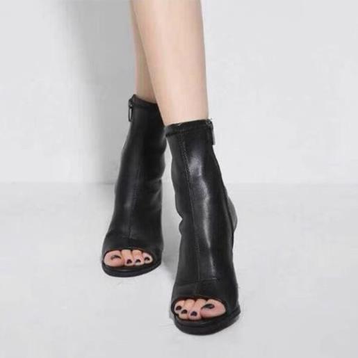 Hàng cao cấp SẴN Boots lửng da hở mũi gót nhọn 10cm sang chanh QCCC B017