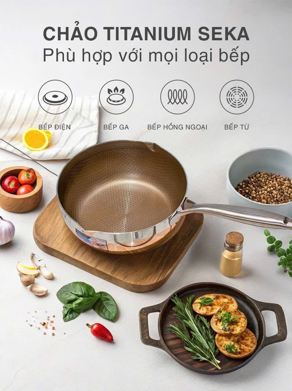 (Model New ) Chảo Sâu Lòng 7 Lớp inox316 TITANIUM SEKA 316S 22cm - 316M 24cm - 316L 26cm - Hàng Chính Hãng