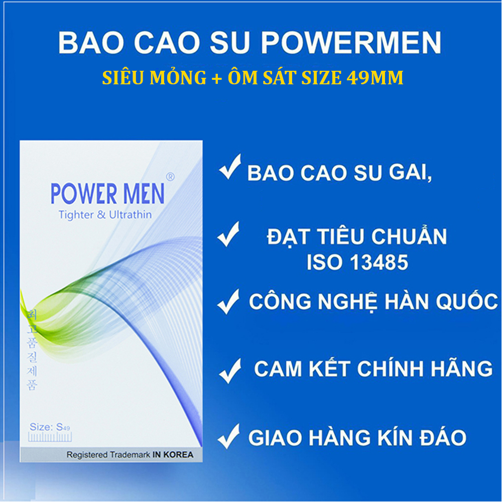 Bao cao su Power Men size nhỏ 49mm (hộp 144 cái) - Combo 48 hộp 3 chiếc bcs Powermen siêu mỏng ôm sát cho gia đình Chính hãng 100% - che tên khi giao hàng