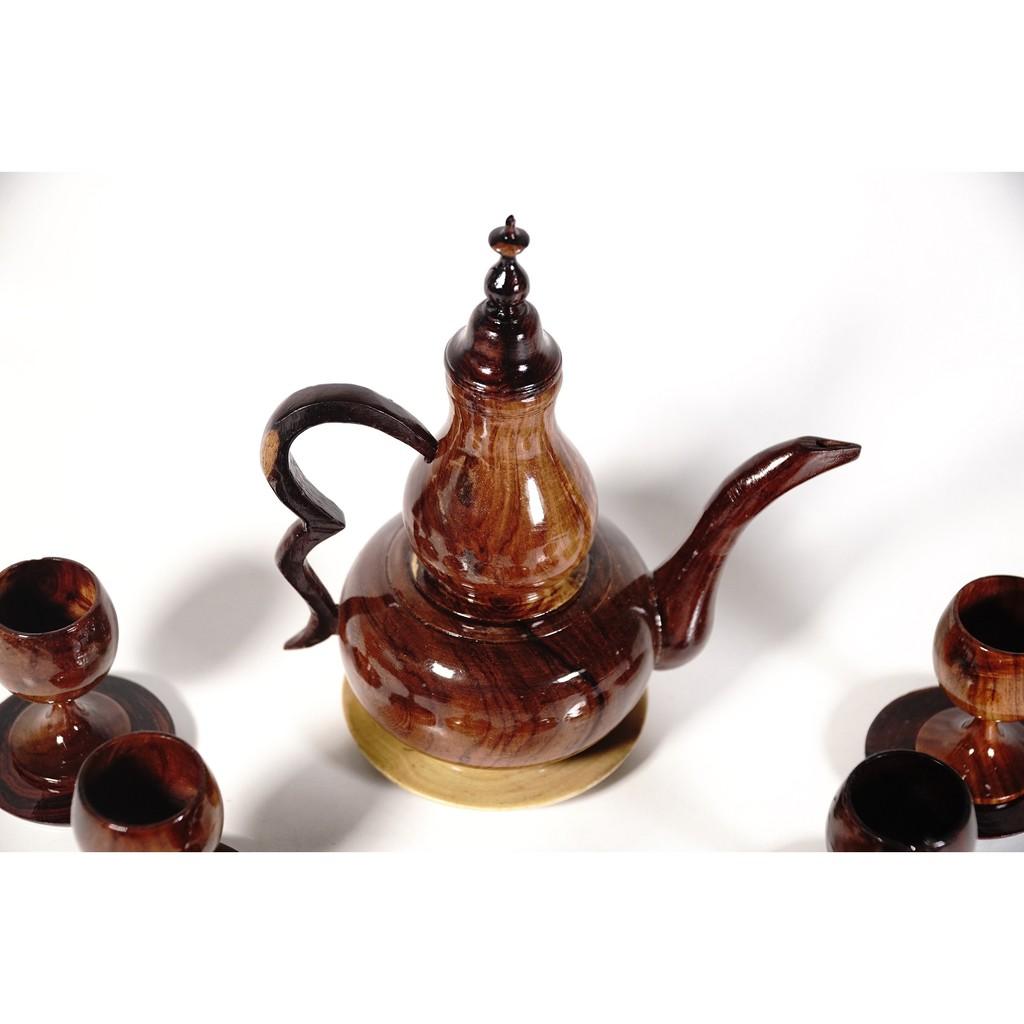 Bộ bình gỗ nâu trắng 1 bình 6 ly nguyên khối phong thủy cao cấp - Bình 18cm và Ly 5cm có đế kê