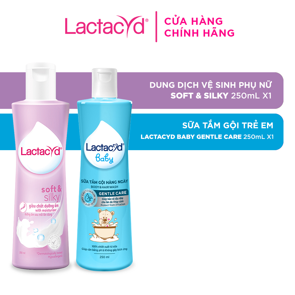 Bộ Dung Dịch Vệ Sinh Phụ Nữ Lactacyd Soft & Silky Dưỡng Ẩm 250ml + Sữa Tắm Gội Trẻ em Lactacyd Baby Gentle Care 250ml