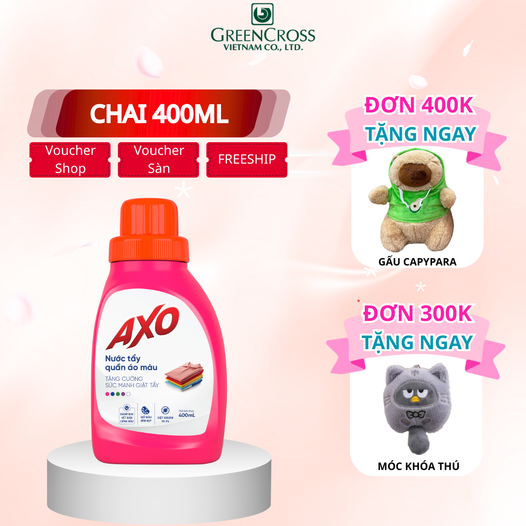Combo 4-16 chai Nước tẩy đánh bay vết bẩn cứng đầu cho quần áo màu AXO 400ml – Hương Hoa Đào – Combo 4 chai