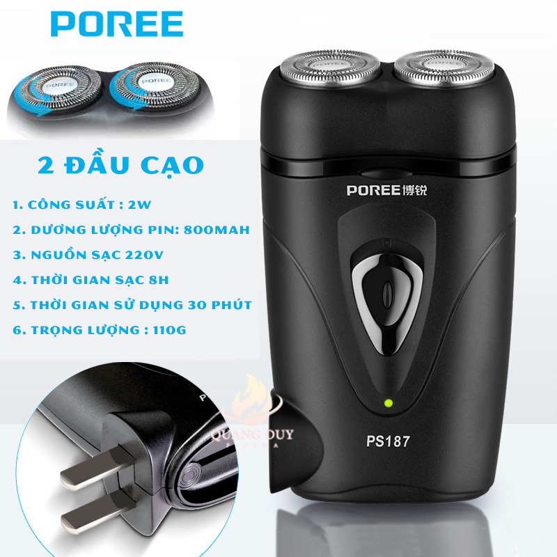 Máy cạo râu POREE 2 lưỡi mạnh mẽ, sạc pin điện 220V tiện lợi mang theo khi đi xa