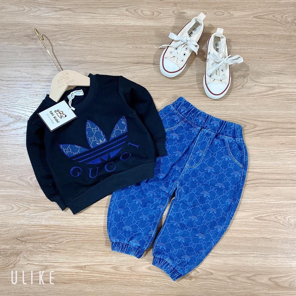 Set jean bé trai, Set Jean thu đông cho bé trai Áo da cá tàu quần bò dệt NB1001