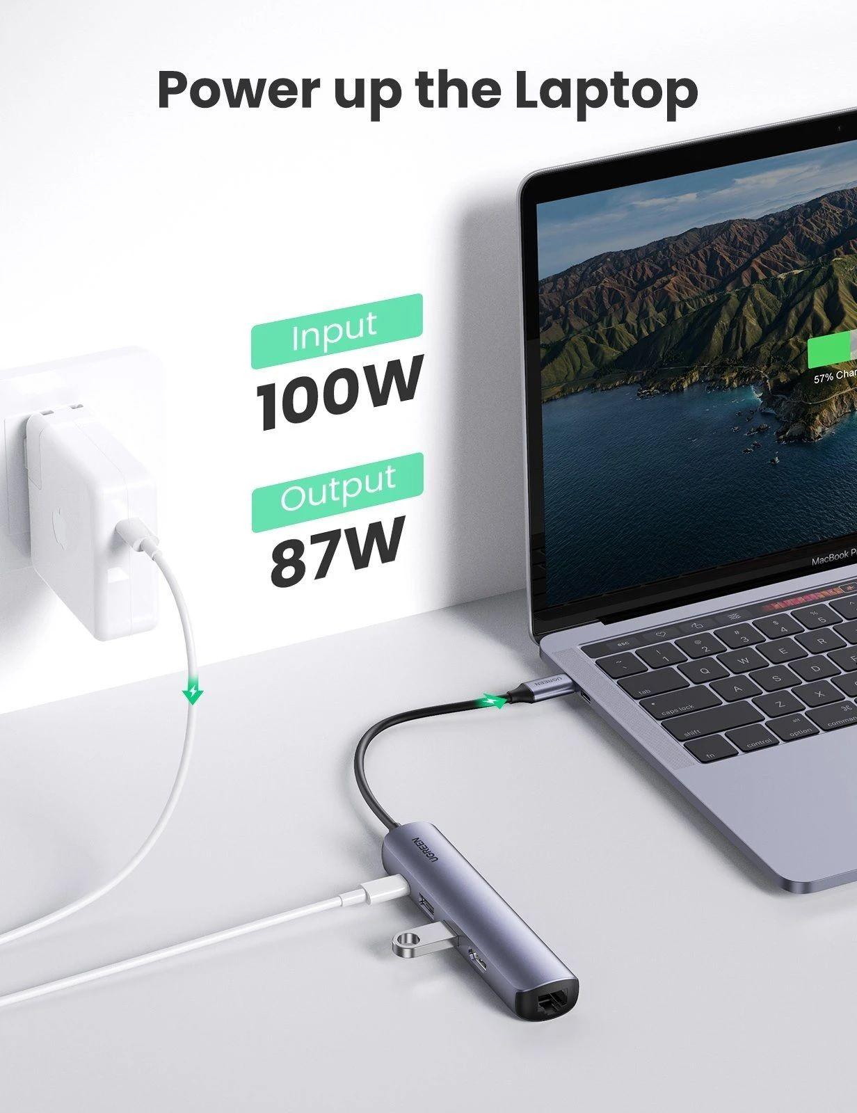 Ugreen UG10919CM418TK 5 trong 1 4K60Hz PD 100W 1000Mbps màu xám Bộ chuyển type c ra 2 * USB 3.0 A + HDMI + RJ45 giga + PD - HÀNG CHÍNH HÃNG