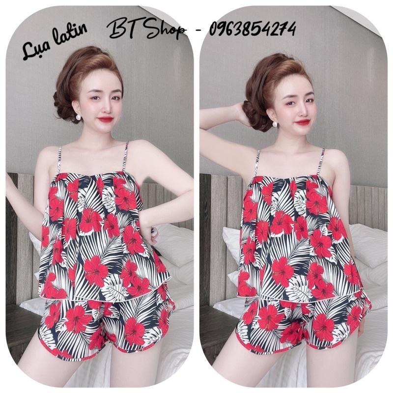 Bộ ngủ lụa latin 2 dây xếp ly hoạ tiết freesize từ 42-57kg
