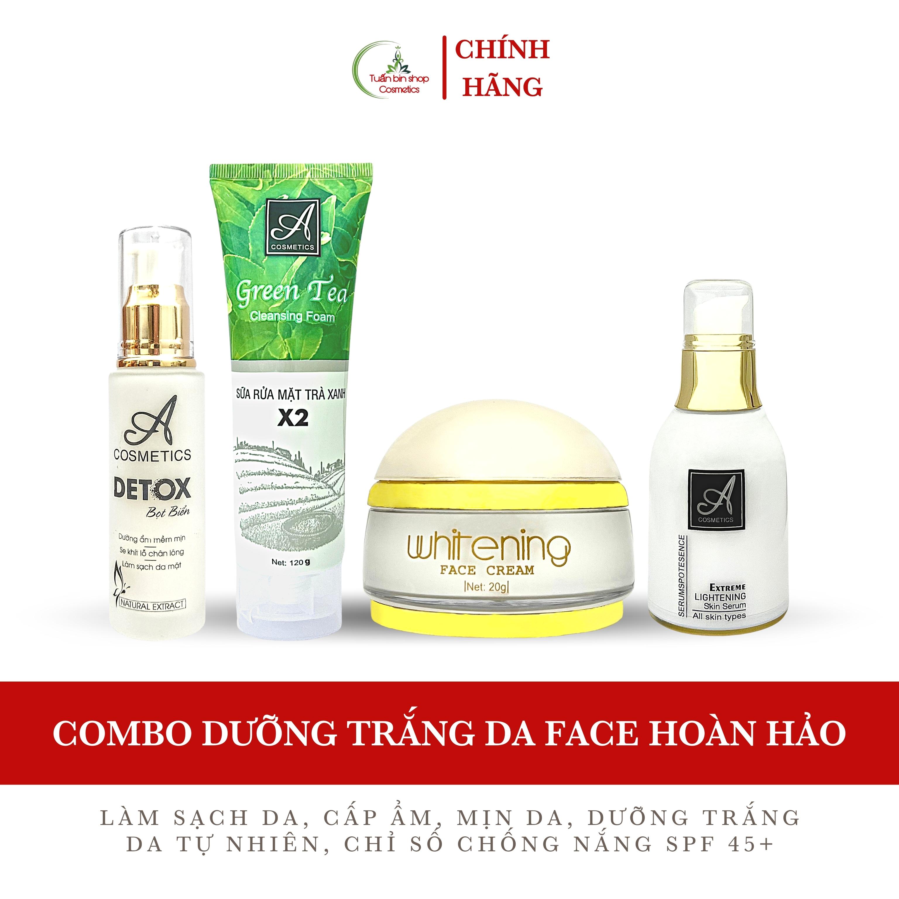 Combo dưỡng trắng da mặt hoàn hảo Acosmetics, kem face pháp, serum dưỡng ẩm, sữa rửa mặt trà xanh x2, detox bọt biển 220g