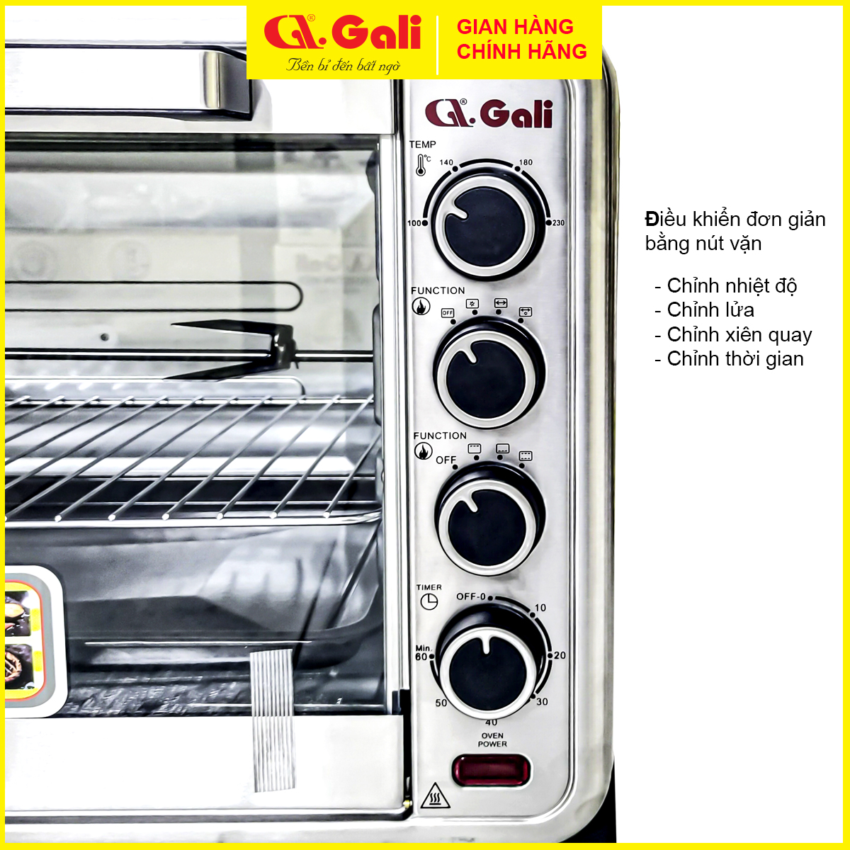 Lò nướng điện đa năng dung tích lớn 70 lít, có đèn, xiên quay, quạt đối lưu, hàng chính hãng Gali bảo hành 12 tháng.