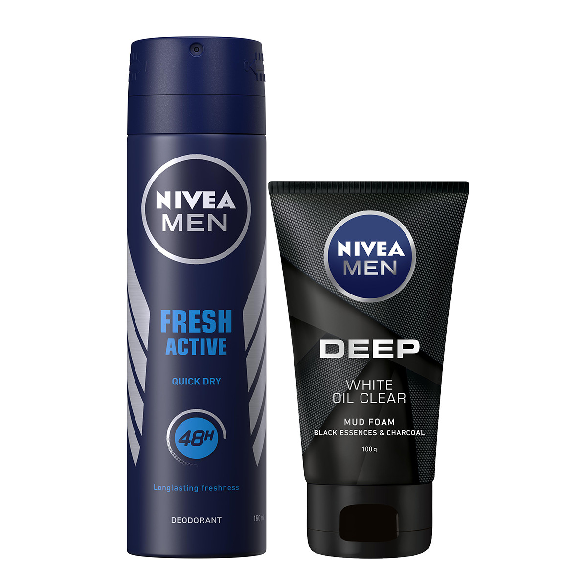 Bộ đôi Xịt Ngăn Mùi NIVEA MEN Fresh Active Tươi Mát Năng Động (150ml) - 81600 &amp; Sữa Rửa Mặt NIVEA MEN DEEP Than Đen Hoạt Tính Hút Nhờn Sáng Da (100G) - 84415