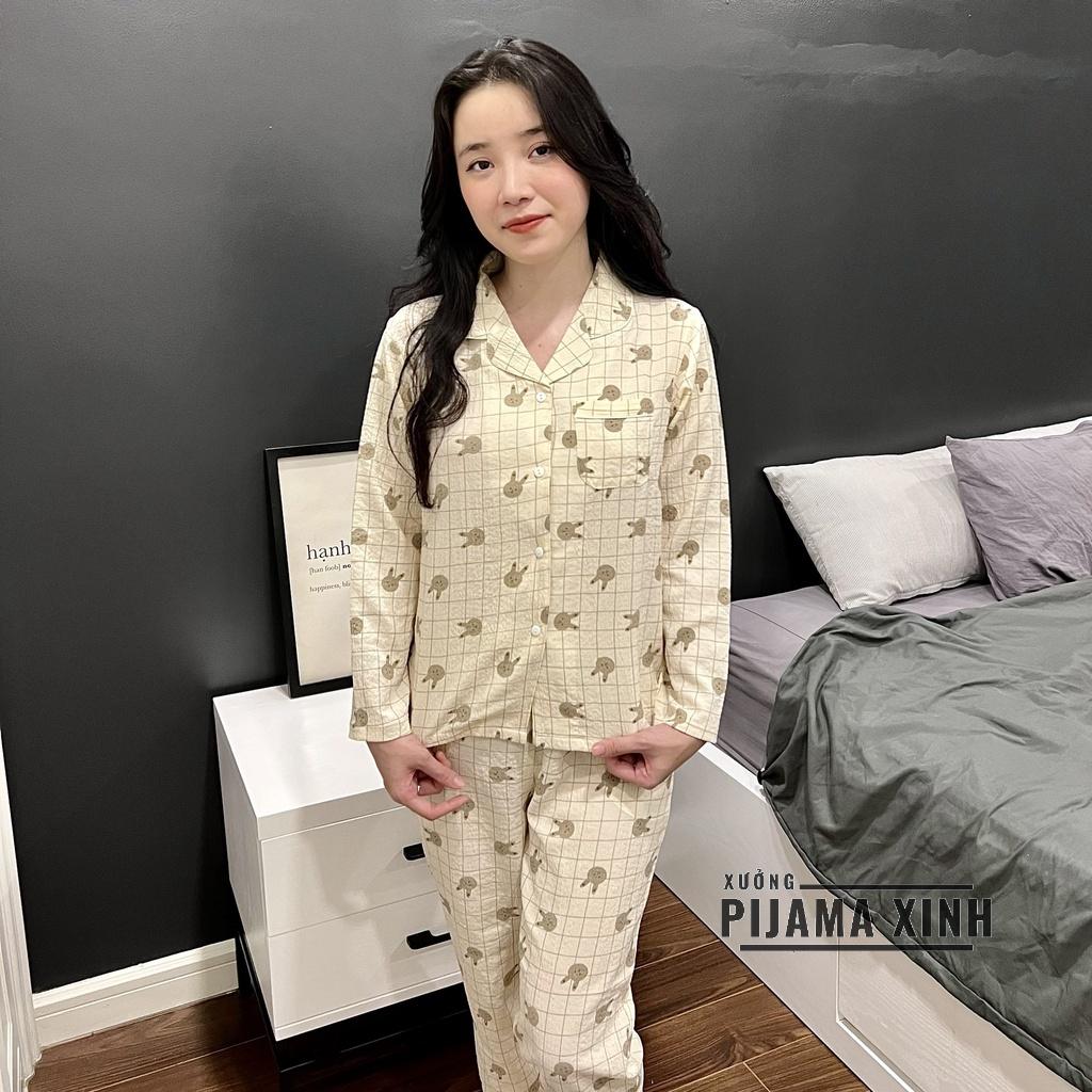 Bộ ngủ pijama mặc nhà dài tay họa tiếtThỏ kẻ chất đũi xốp thoáng mát thấm hút mồ hôi