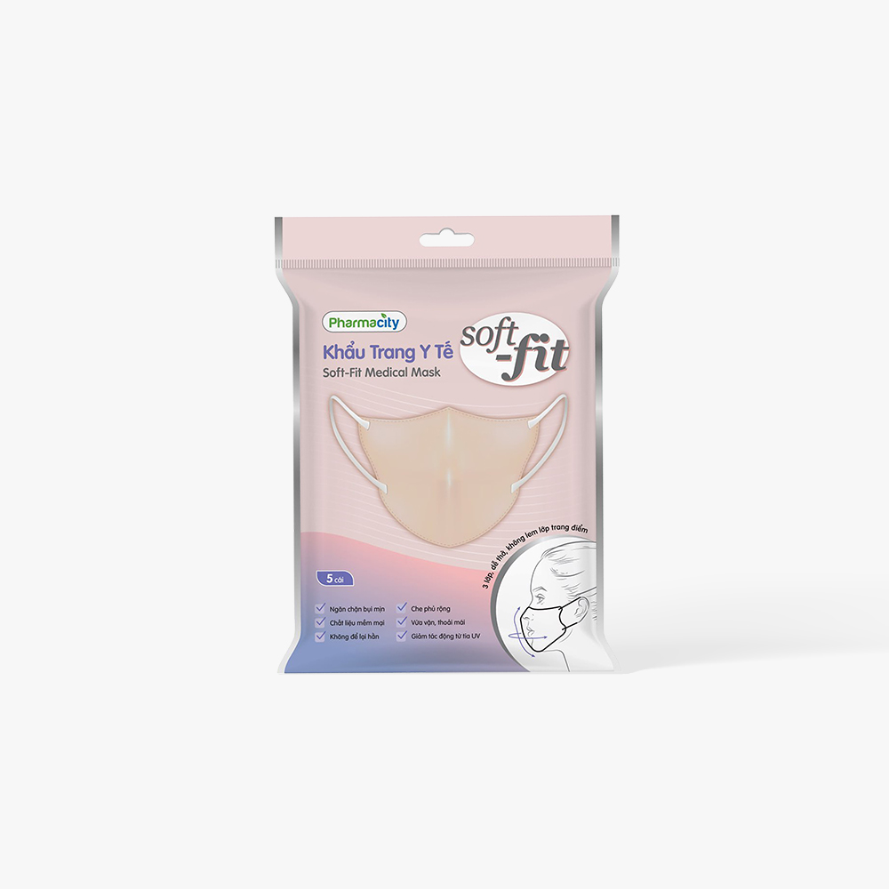 Khẩu trang y tế Pharmacity Soft-fit màu hồng (Gói 5 cái)