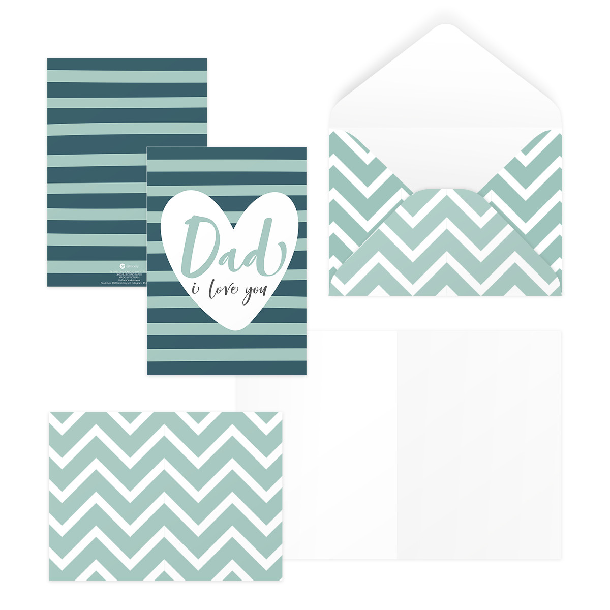 Bộ 4 thiệp 12,5x17,6 SDstationery TEAL LOVE FOR DAD pattern trái tim typography tặng bố ngày của cha father’s day,Vu Lan