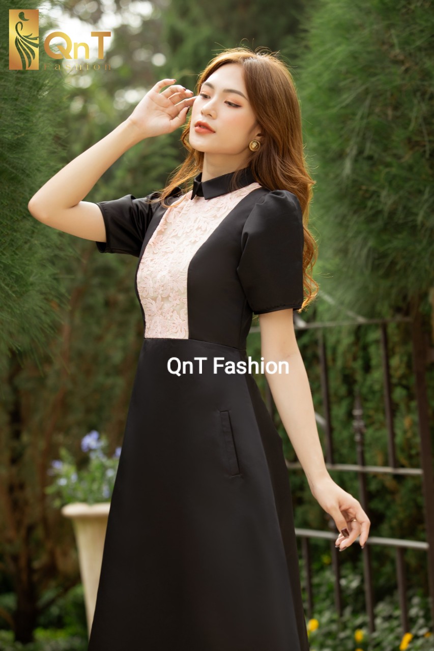 Đầm dự tiệc thiết kế dáng xòe-Đầm tafta đen 2 lớp phối ren chân A sang trọng,thanh lịch đi tiệc,đi làm hay đi chơi