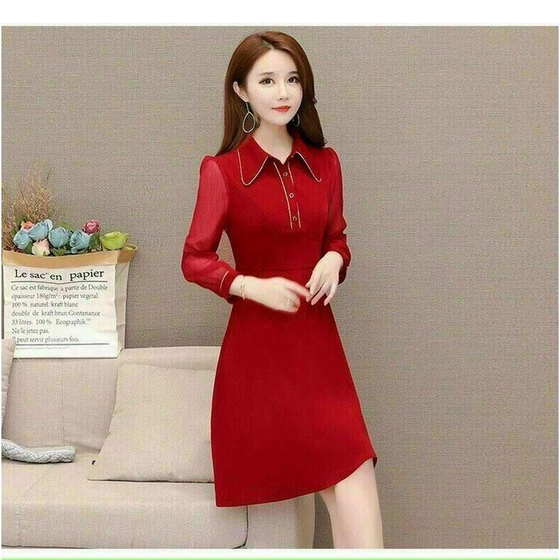 ĐẦM XÒE MÀU ĐỎ TƯƠI TẮN, THIẾT KẾ CỔ SƠ MI, TAY DÀI THANH LỊCH