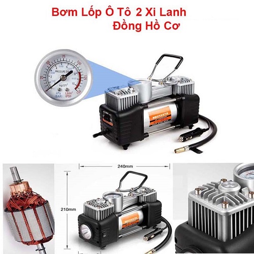 MÁY BƠM LỐP Ô TÔ 2 XI LANH 12V 23A ĐỒNG HỒ CƠ KÈM VALI DỤNG CỤ CHUYÊN NGHIỆP