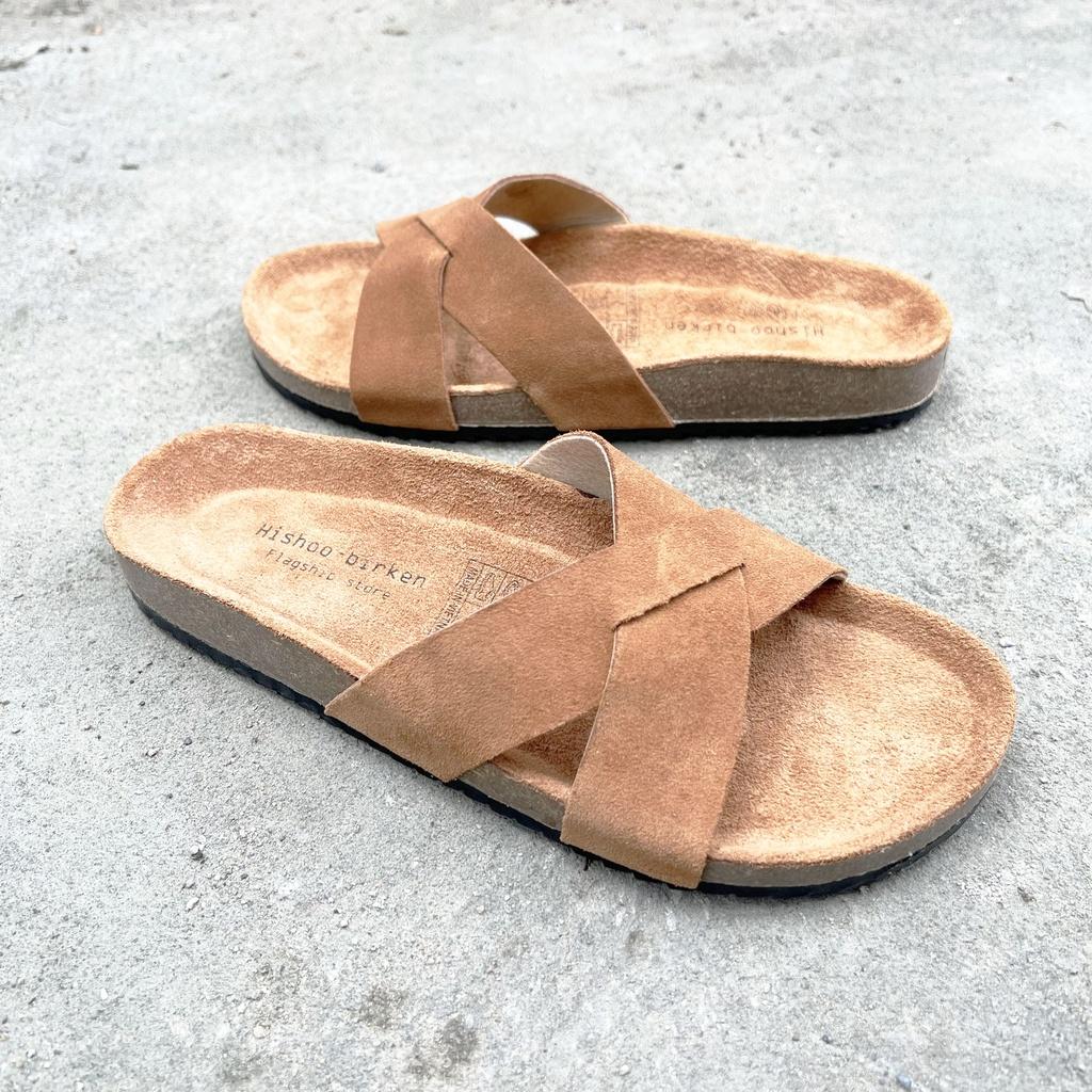 Dép đế trấu birken da bò nam nữ unisex quai ngang chéo bigsize 35 - 43 chính hãng Hishoo s111