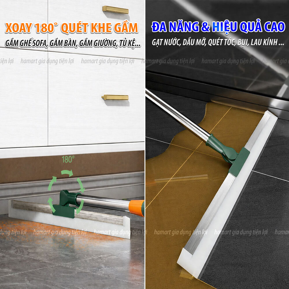 Chổi Gạt Nước Sàn Nhà Silicone Lau Kính Cán Dài Đa Năng Hamart Xoay 180º Quét Tóc Gầm Giường Khe Ghế