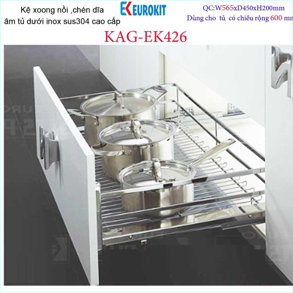 Kệ chén bát xoong nồi Euro âm tủ bếp inox 304, Kệ đa năng ray kéo tủ bếp dưới 60cm KAG-304EK426, khuyến mãi phí lắp đặt