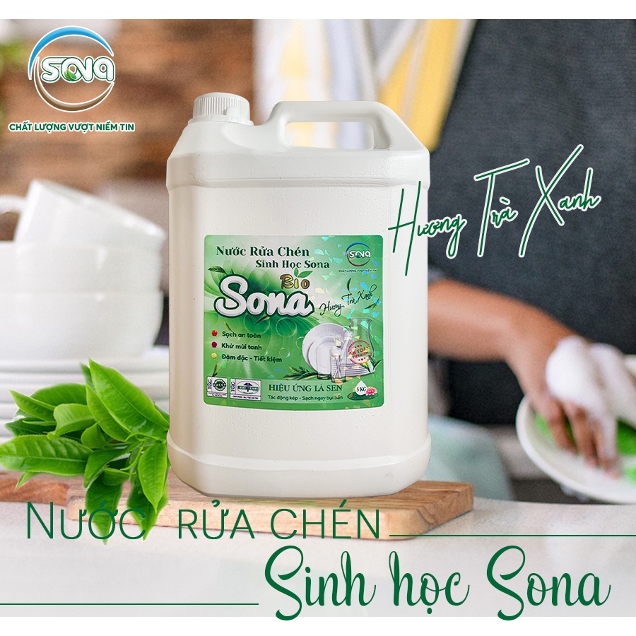 Nước rửa chén, rửa bát sinh học Sona 5kg, làm sạch siêu tốc, an toàn, mềm mại với da tay