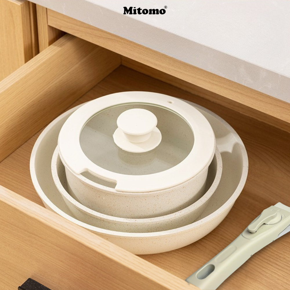 Bộ nồi chảo đá gốm Mitomo chống dính cao cấp 5 món có tay cầm tháo rời, dùng cho mọi loại bếp - Hàng chính hãng