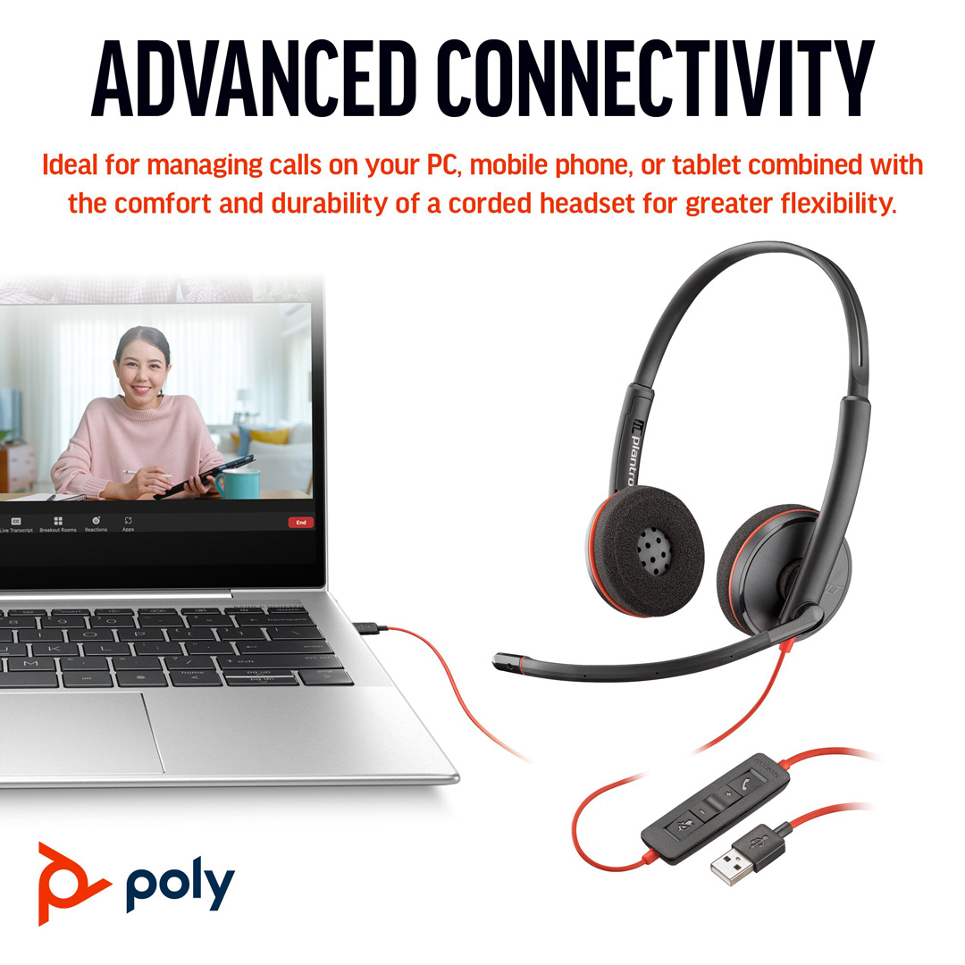Tai nghe có dây Poly Blackwire 3220 Stereo USB-C +Adapter USB-C/A - Hàng Chính Hãng