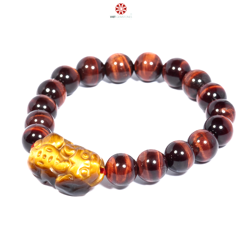 Vòng tay đá mắt hổ đỏ tự nhiên phối tỳ hưu - Hợp mệnh Hỏa, Thổ. Chiêu tài lộc và trừ tà | VietGemstones